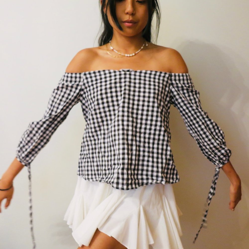 Offshoulder Gingham Plaid Shirt